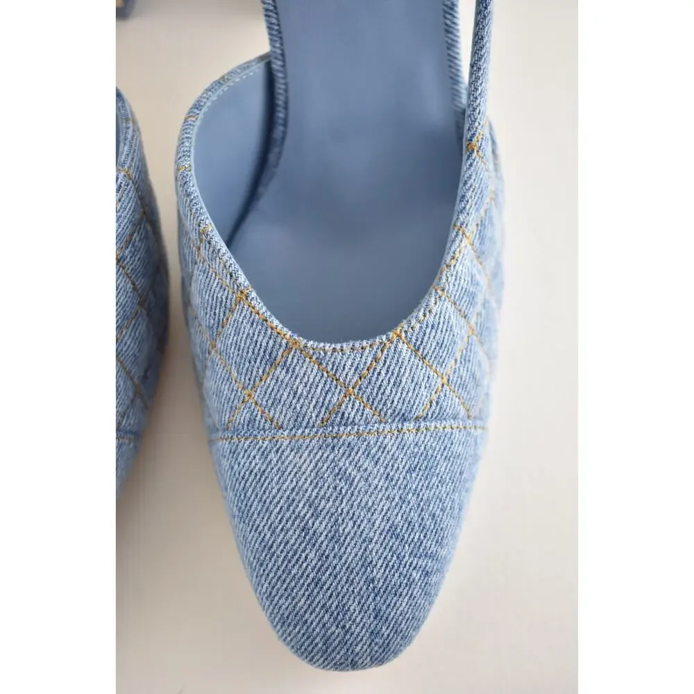 Chanel 26B Light Blue Denim Quilted Coco Sling Slingback Block Heel Pump 38.5c